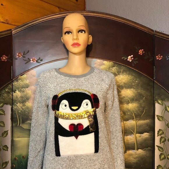 Holiday Grey L/S Penguin Sweater-S - Picture 1 of 4